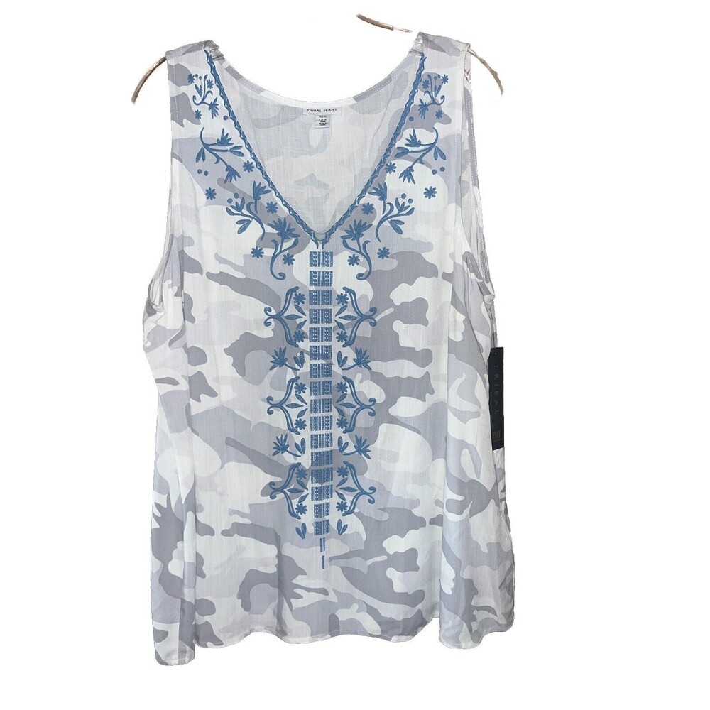 Tribal Riviera Tank Camo Print Loose Fit XL Blue Detail NWT